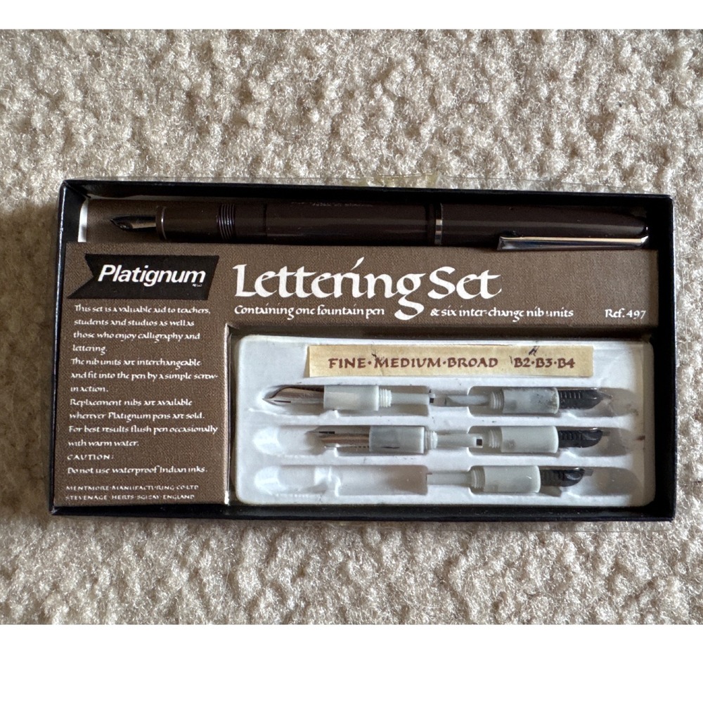 Vintage Platignum Lettering Set Ref 497 Calligraphy Fountain Pen 6 Nibs England